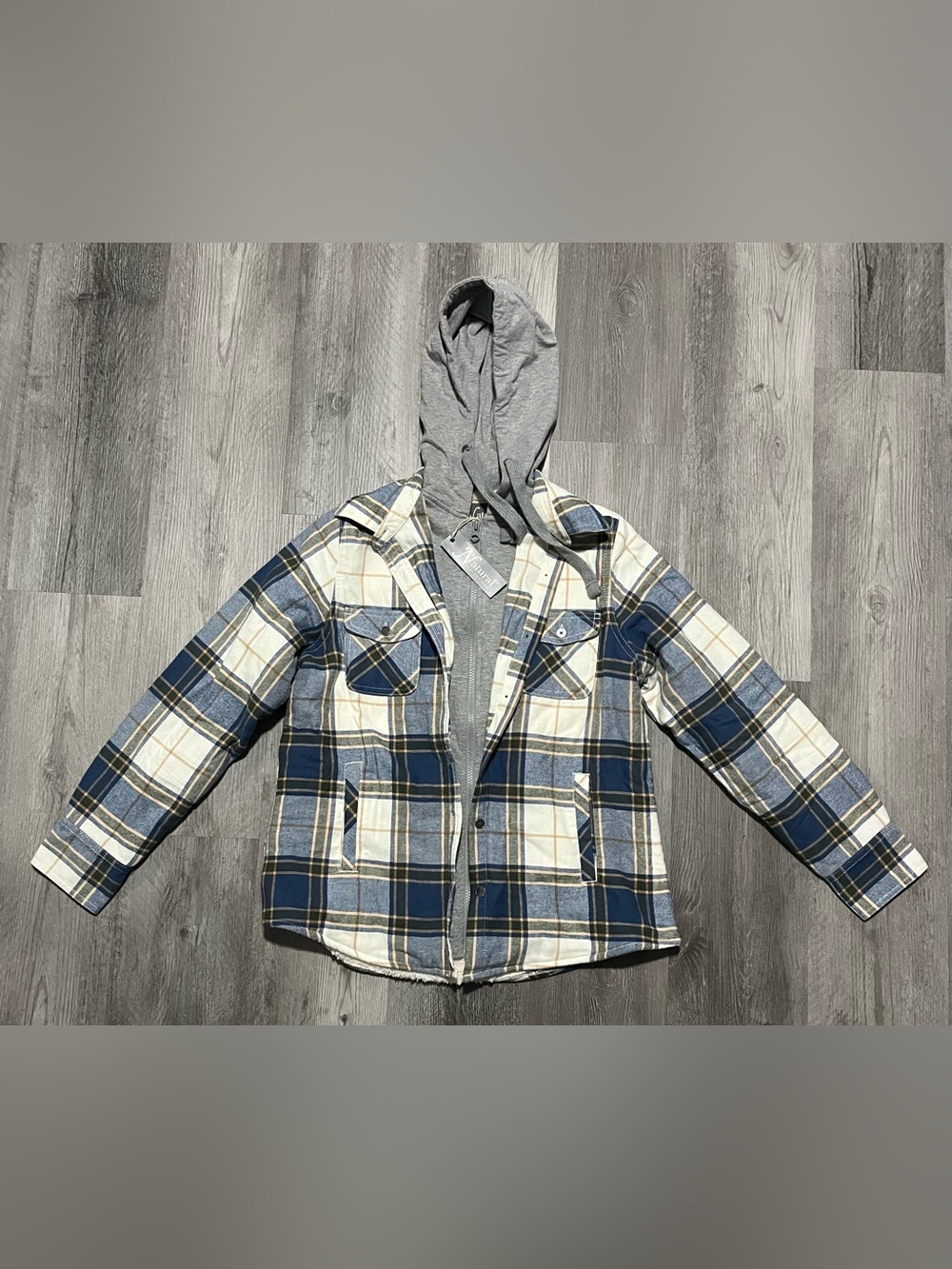 Natural Reflections Blue/White/Gray Plaid Hooded Fleece Lined Jacket Sz Small
